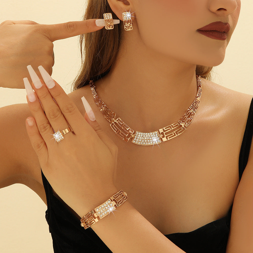 Full Diamond Necklace, Earrings Rings Bracelets Four Piece Set